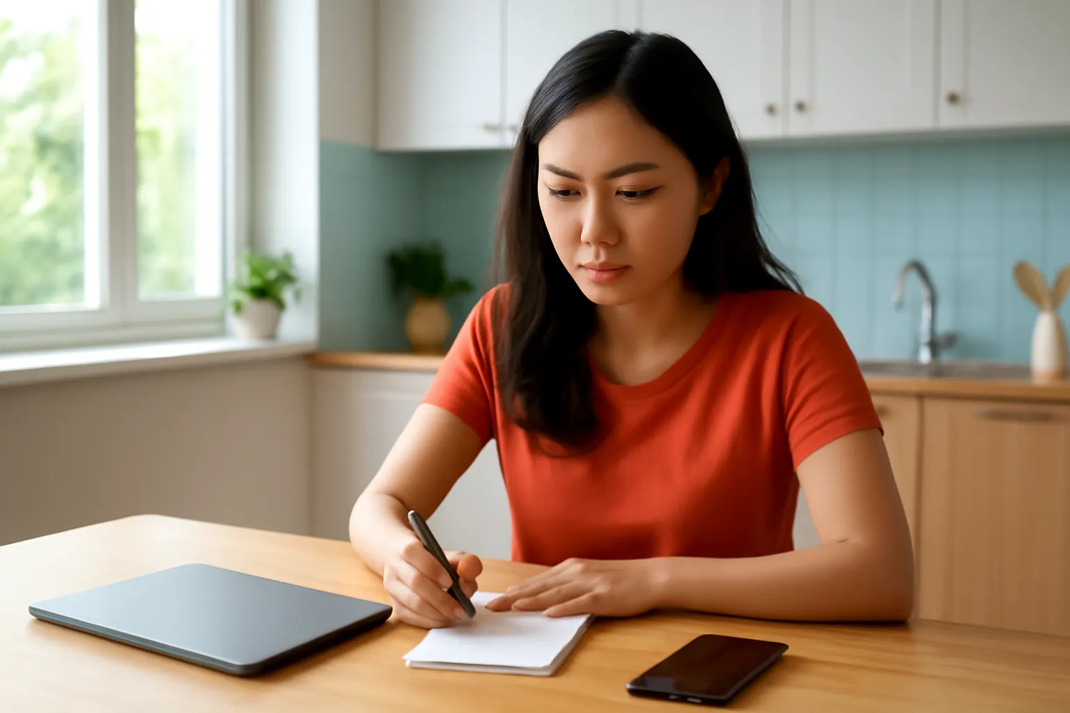 Woman at a kitchen table early in the morning with a closed laptop, a phone and a paper notebook
