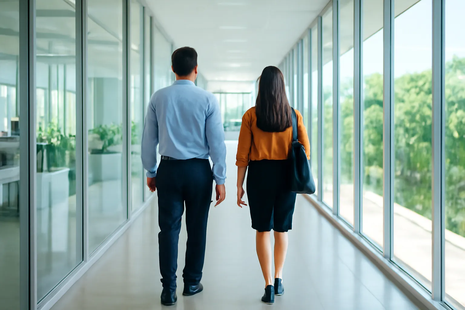 Two colleagues walking along a glass-walled office corridor, seen from far behind in clear daylight