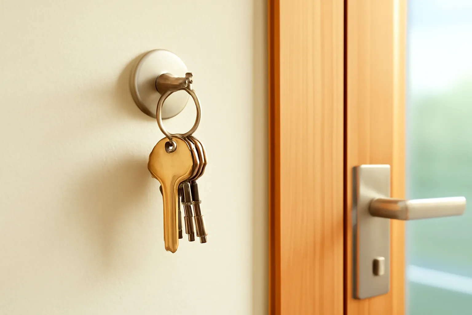Close view of a ring of keys hanging on a wall hook beside an office door in soft morning light