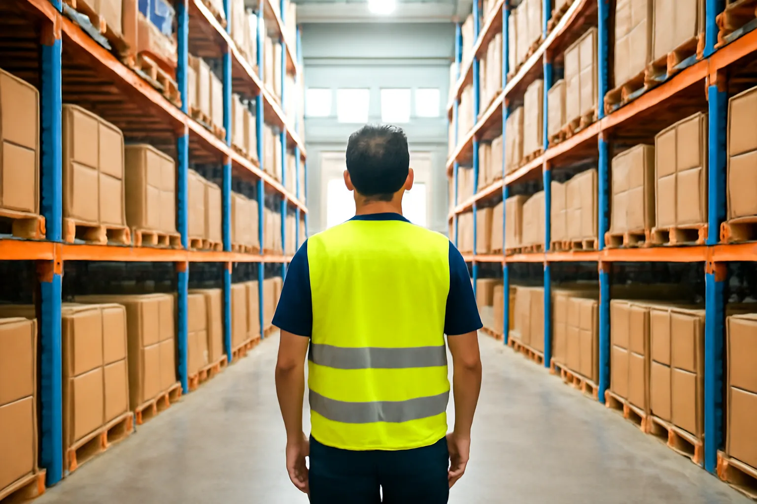 Warehouse coordinator seen from behind standing between tall shelves of plain cartons, looking down the aisle