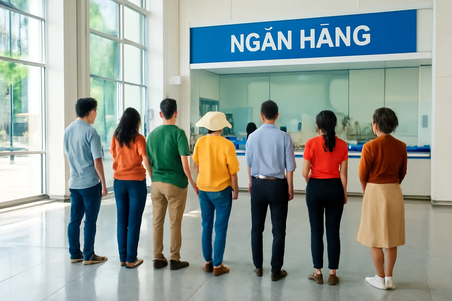People waiting in line in a bright bank lobby, seen from behind