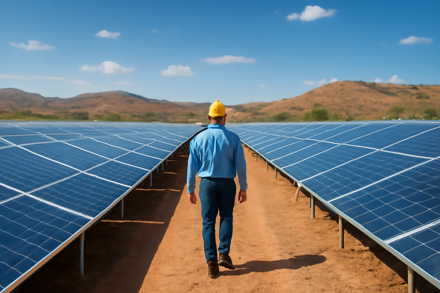 Technician walking between long rows of solar panels under a blue sky