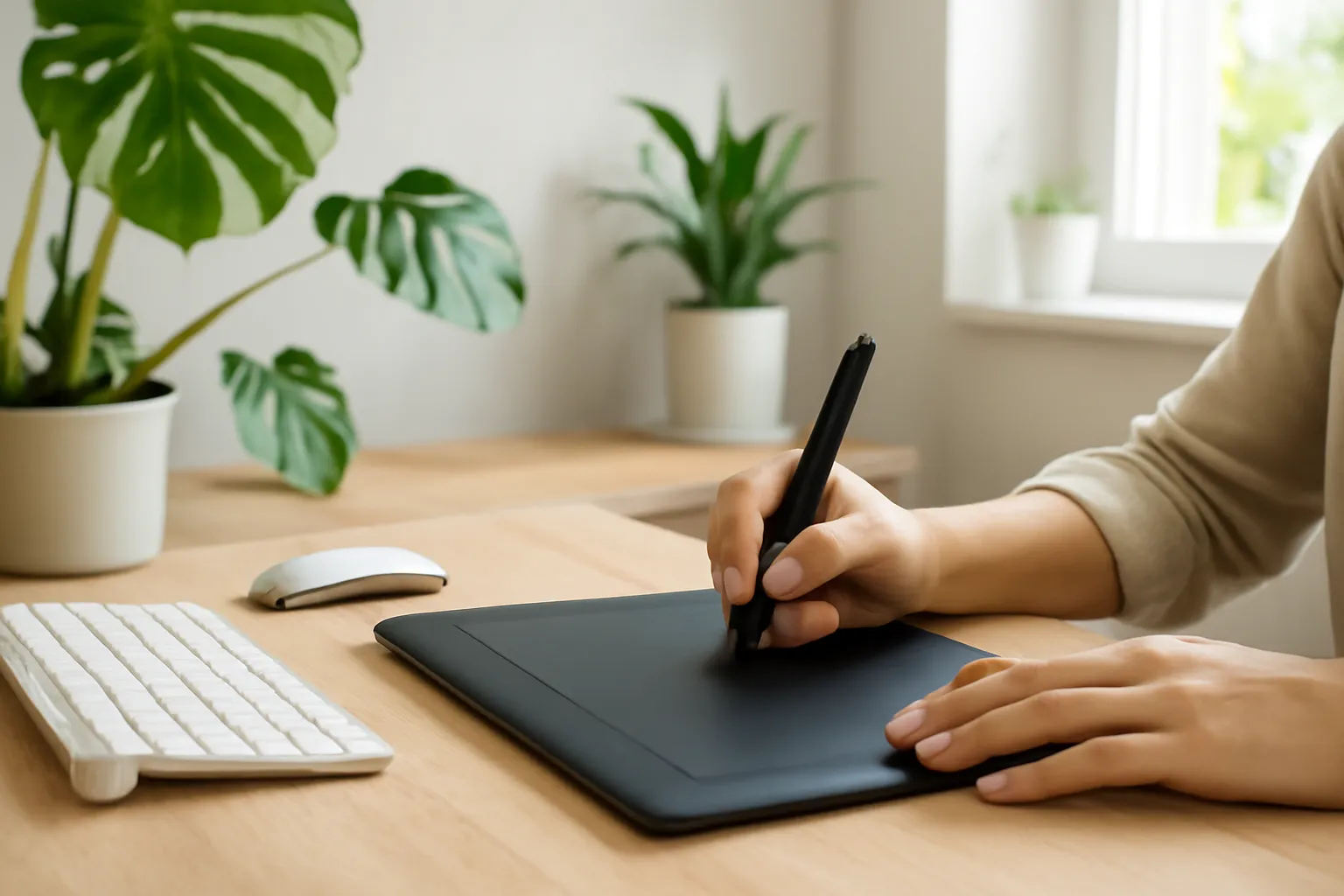 Designer's hands holding a stylus over a drawing tablet in a small studio