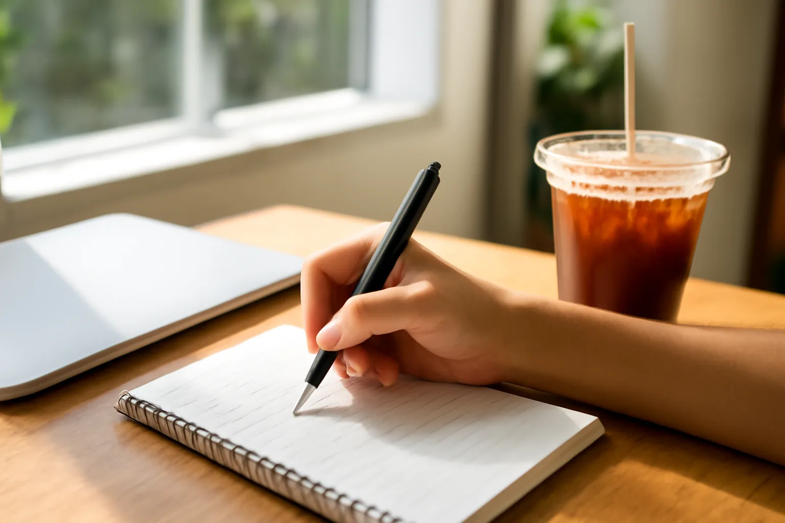 Hand writing in a paper notebook beside a closed laptop and iced coffee on a café table in morning light