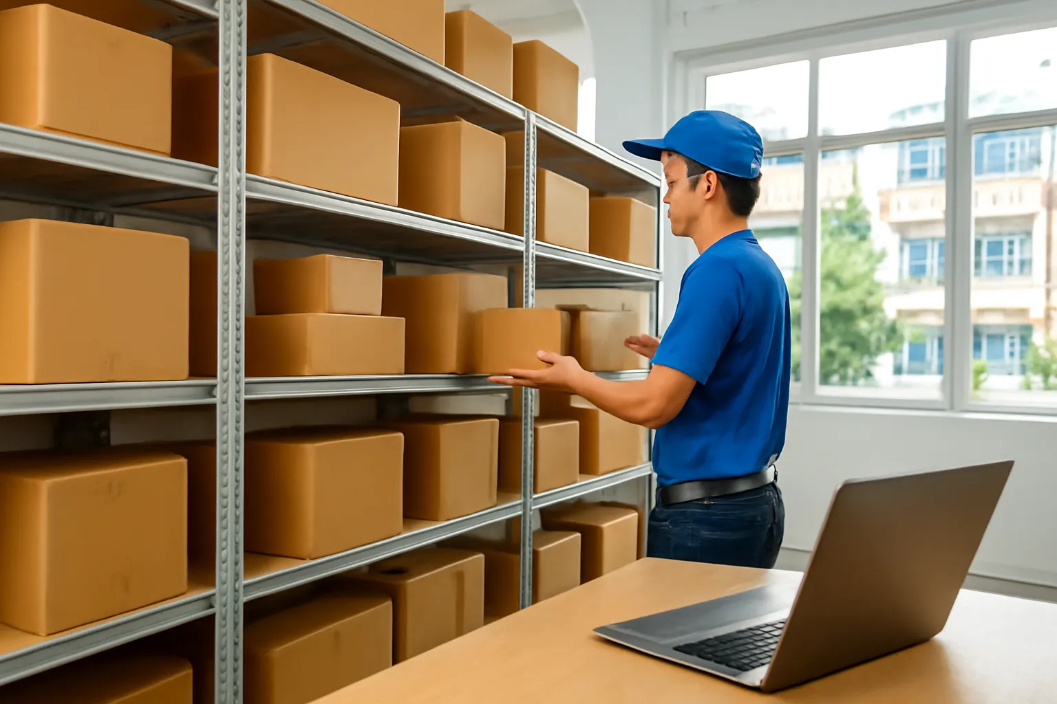 Warehouse worker stacking cardboard boxes on metal shelves next to a laptop on a table