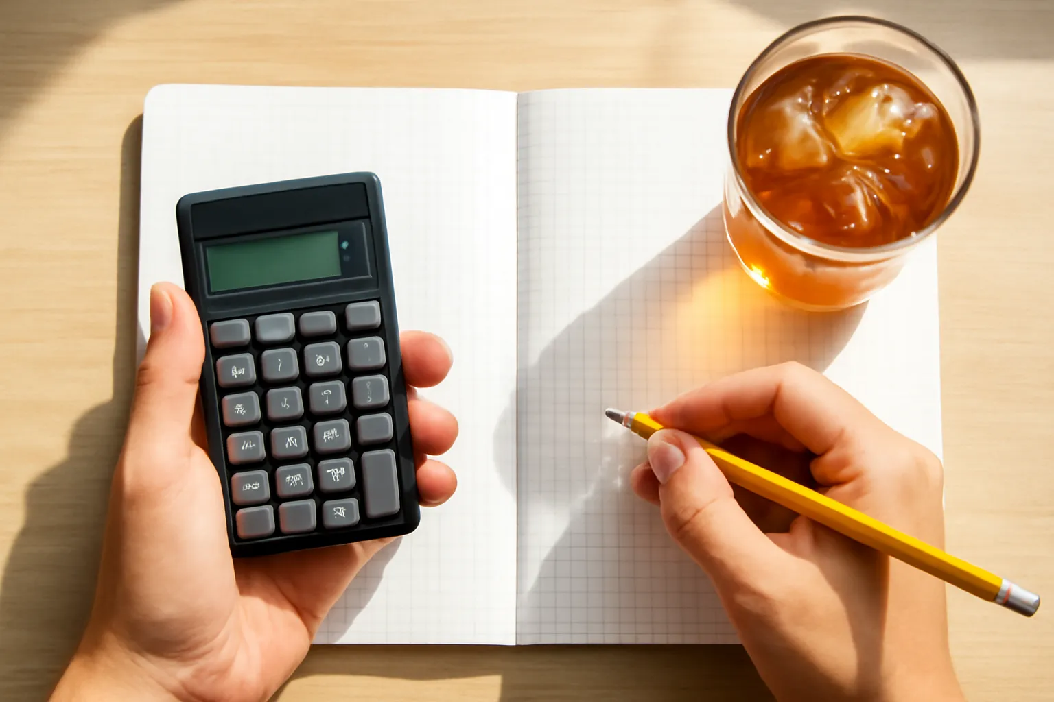 Hands holding a pencil and a pocket calculator over a blank grid notebook