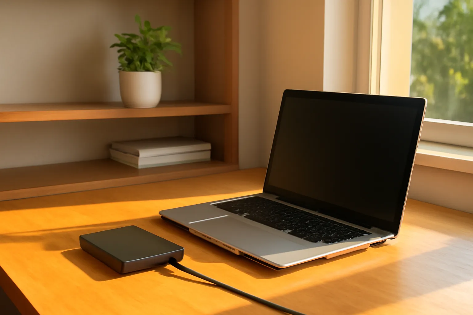 External hard drive and laptop on a shelf in a small tidy office in late afternoon sun