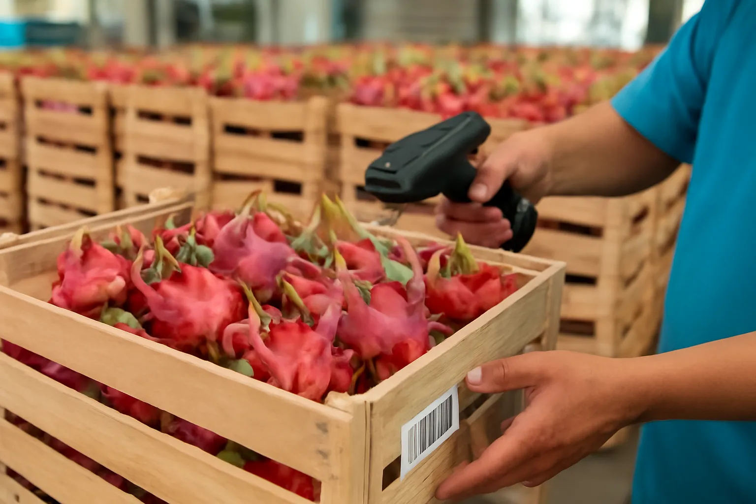 A packing-house worker's hands scanning a plain crate of dragon fruit with a handheld scanner
