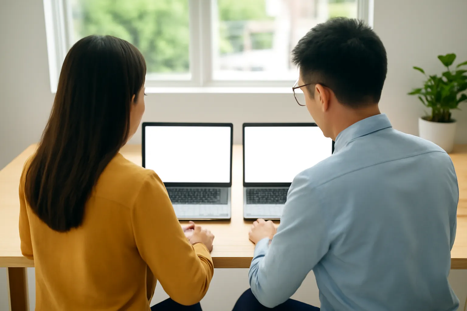Two colleagues seen from behind comparing two open laptops with blank screens on a light wooden desk