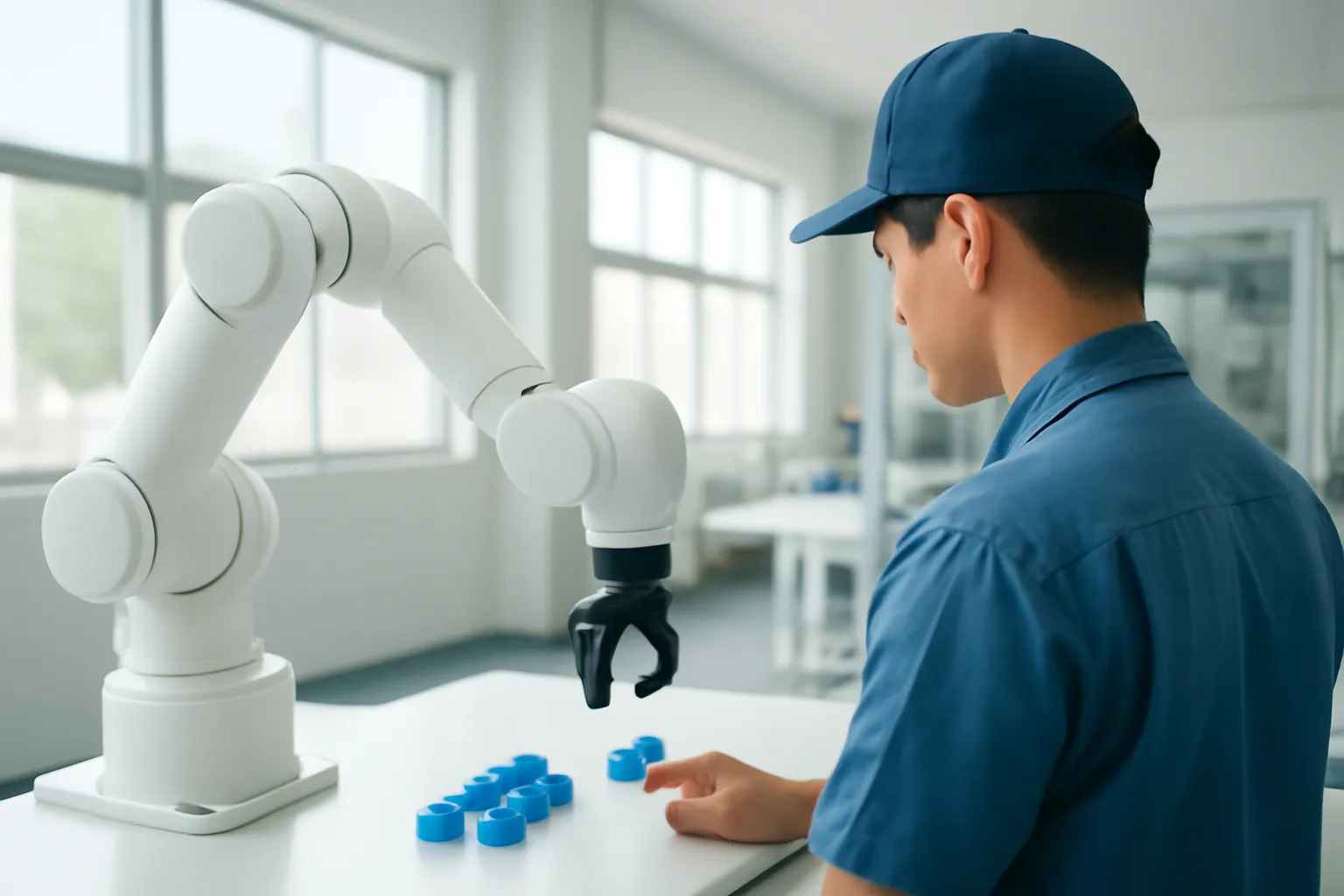 White collaborative robot arm picking plastic parts beside a worker in a bright workshop