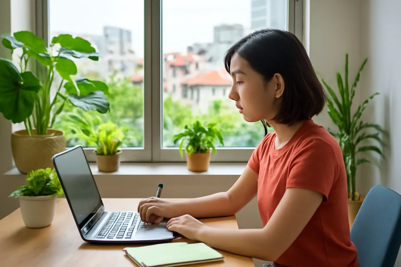 Người phụ nữ làm việc bên bàn cạnh cửa sổ chung cư có cây xanh