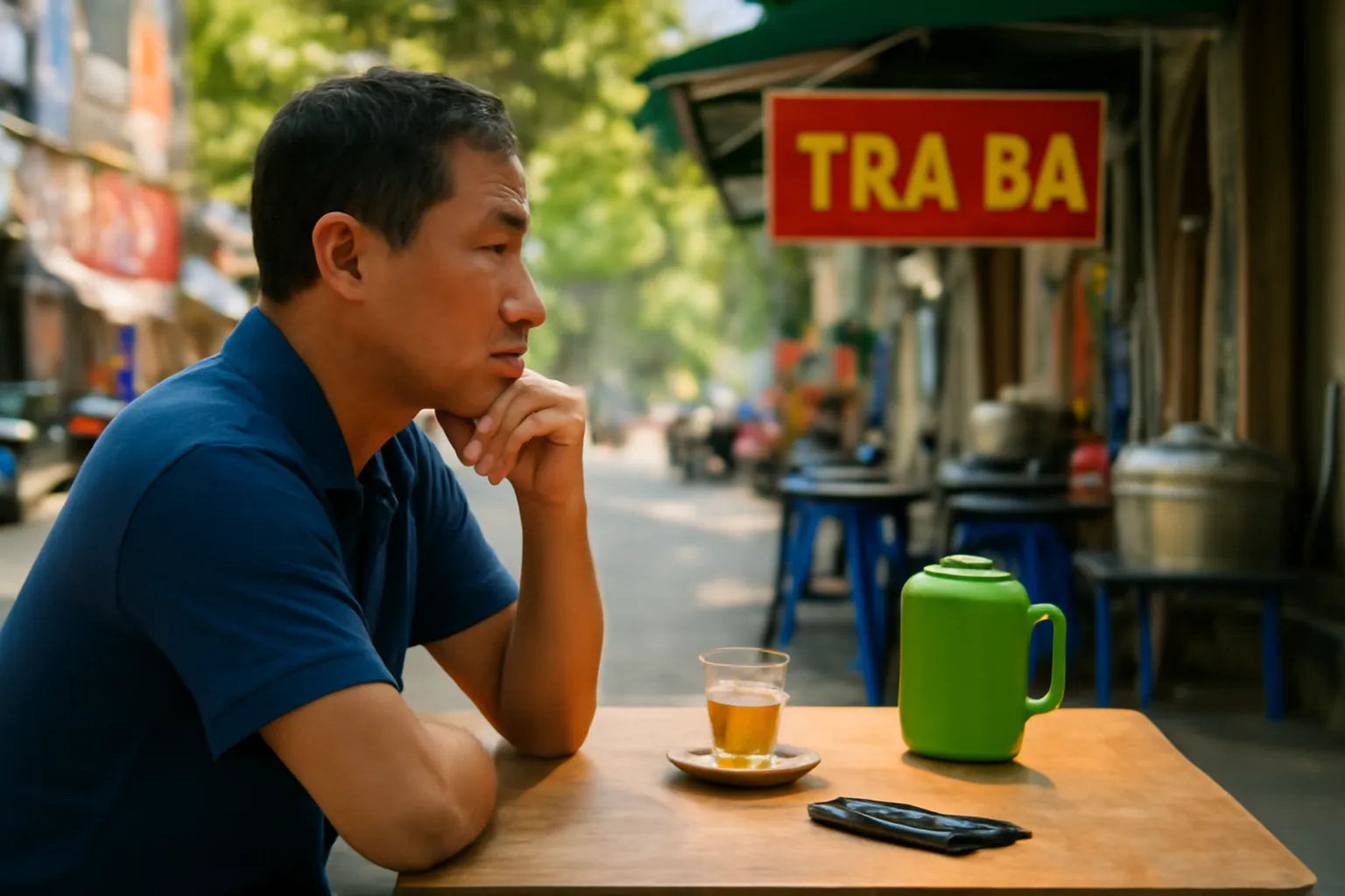 A middle-aged man at a street-side tea stall, phone face-down on the table, pausing to think