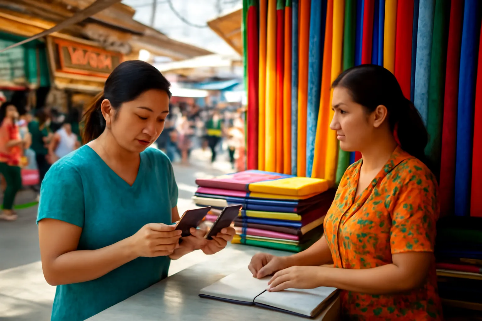 Fabric shop owner and her bookkeeper at a market counter, one holding two phones