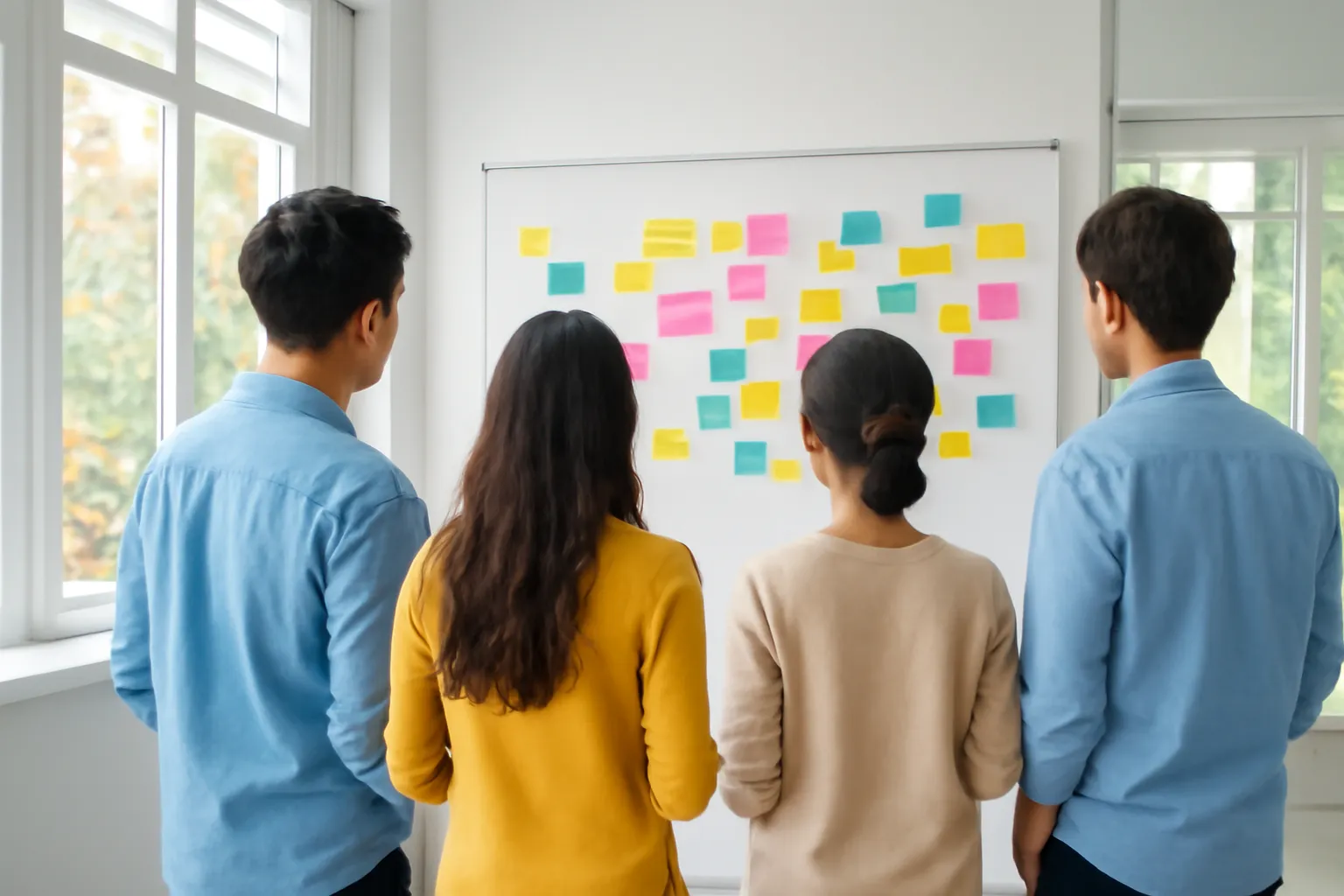 A small team seen from behind around a whiteboard covered with blank colourful sticky notes