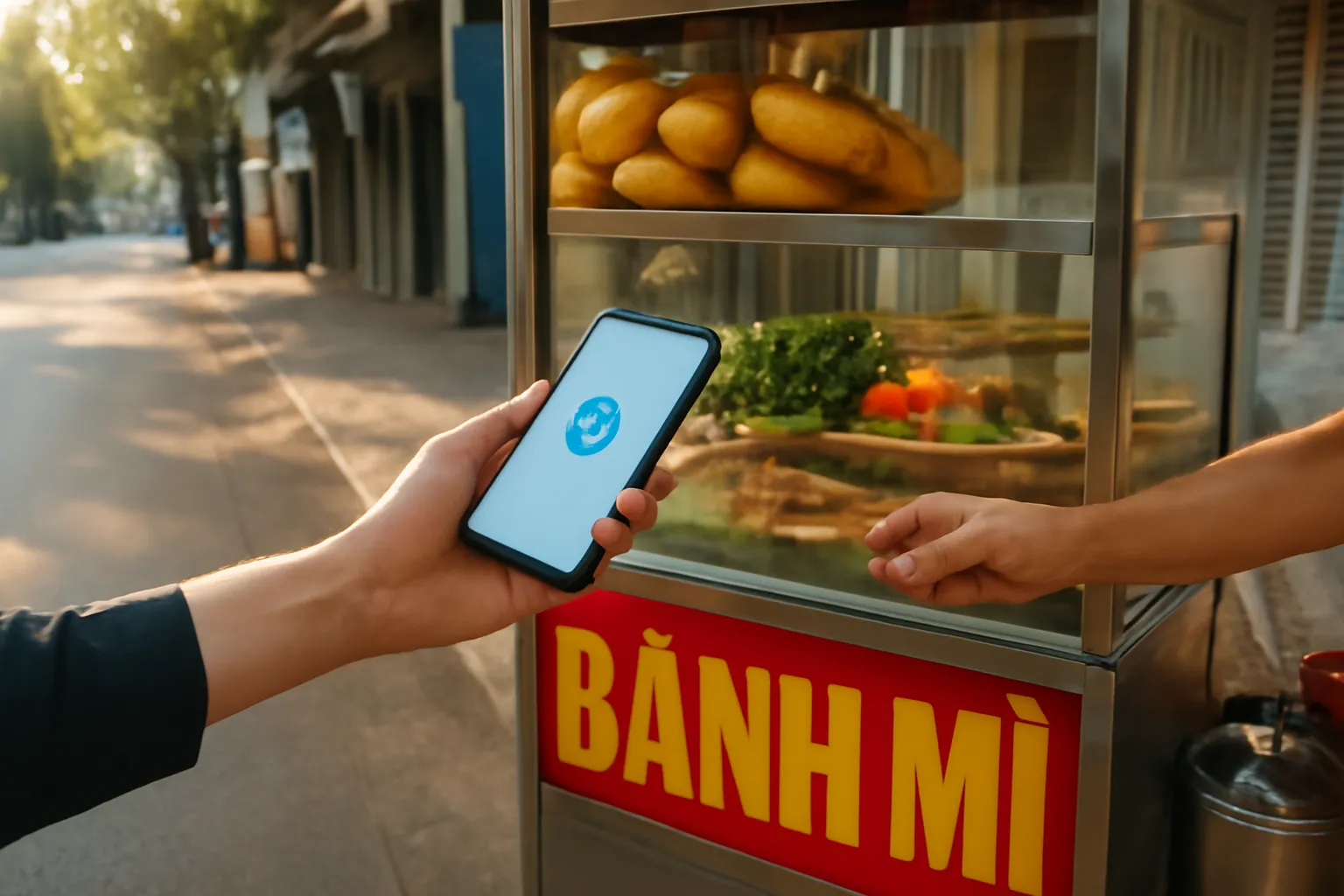 Hand holding out a phone to pay at a street banh mi cart in the morning