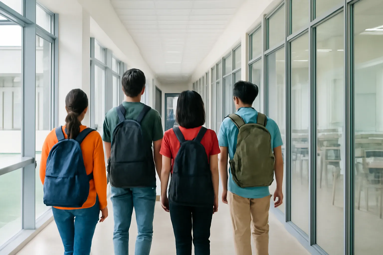 Learners with backpacks walking along a bright corridor of a training centre
