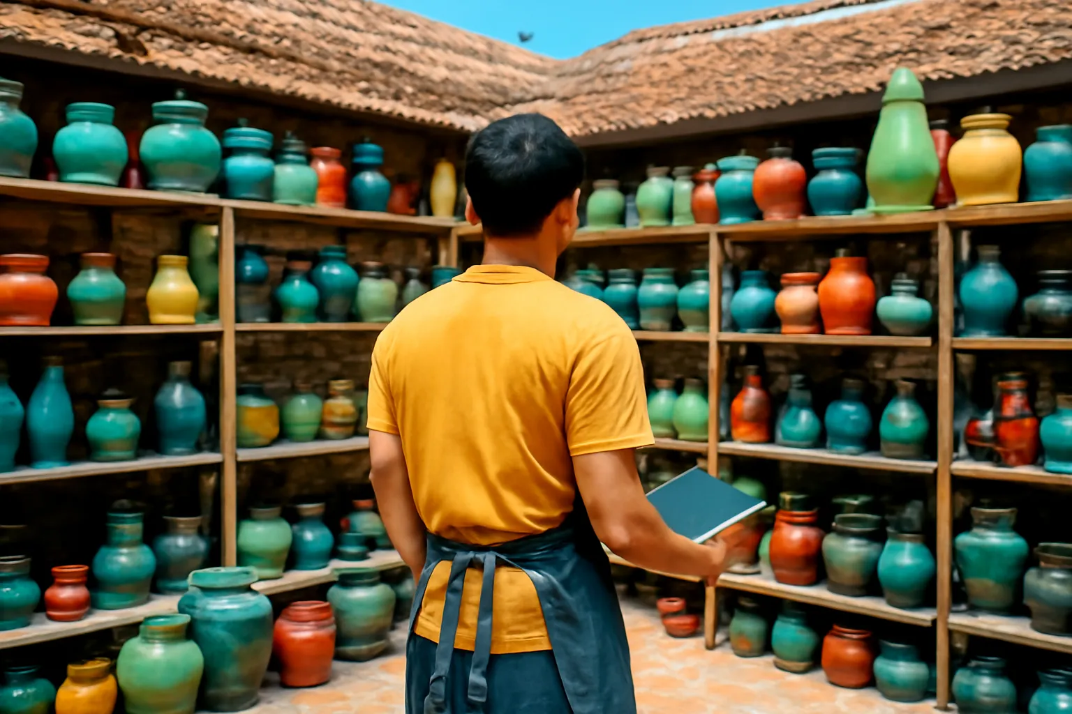 Ceramics workshop owner among shelves of glazed pottery, holding a tablet