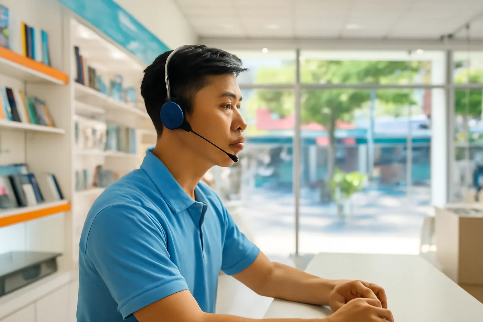Employee wearing a headset answering customers in an electronics store in the morning