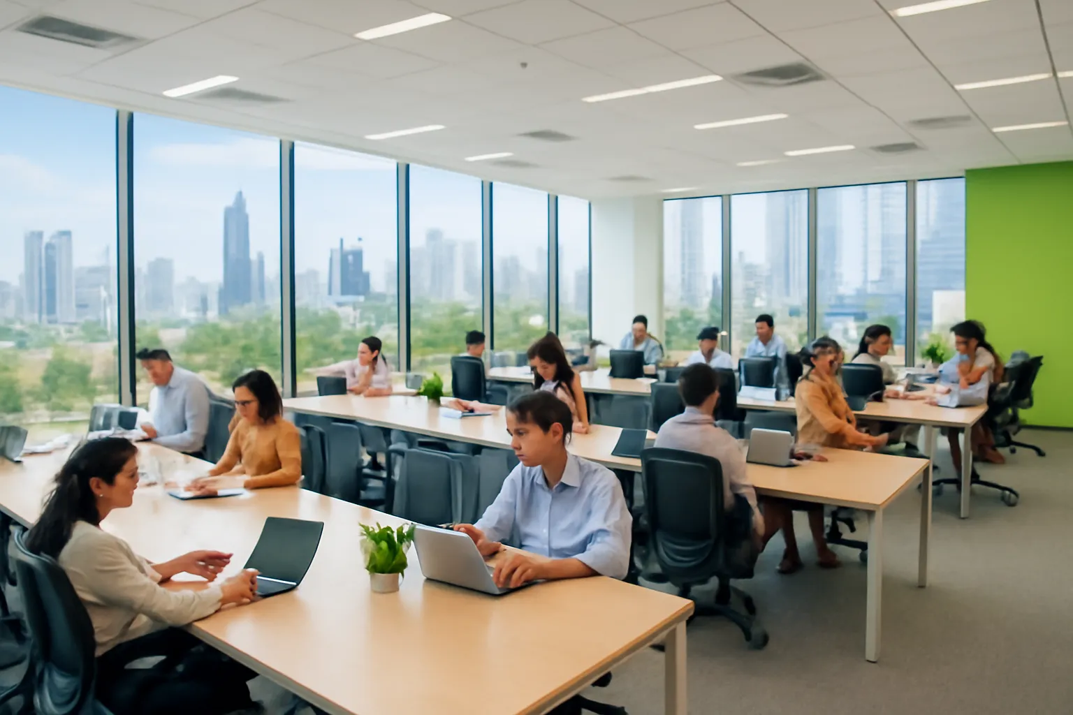Wide view of a bright open-plan office in Ho Chi Minh City, staff working at long desks