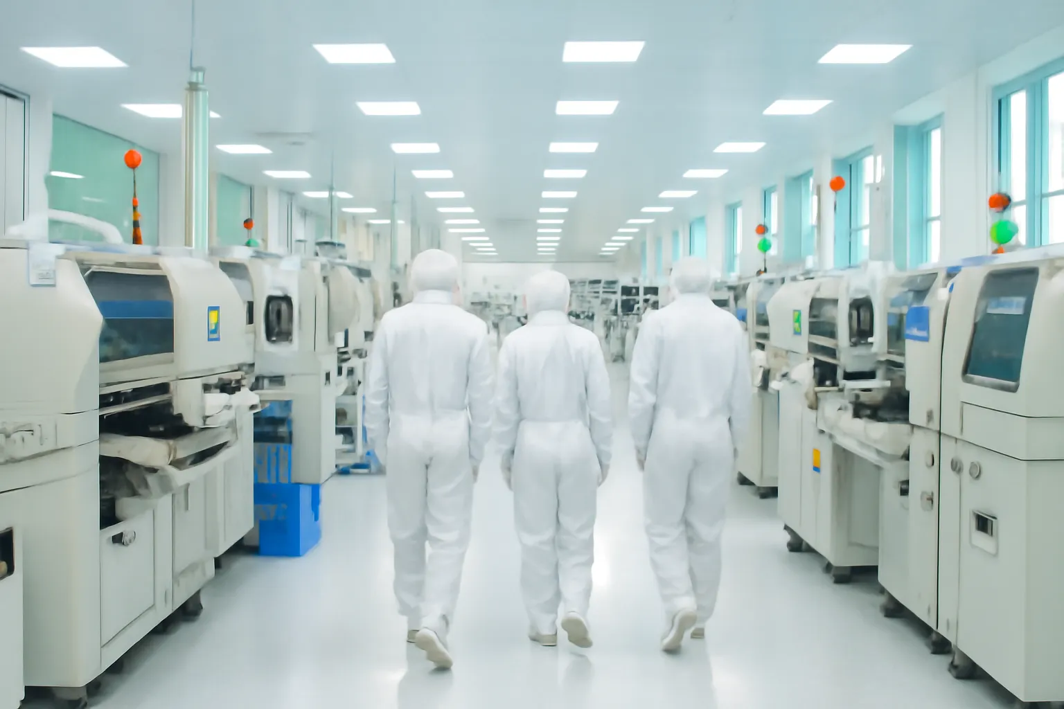 Workers in white cleanroom suits in a bright electronics assembly hall
