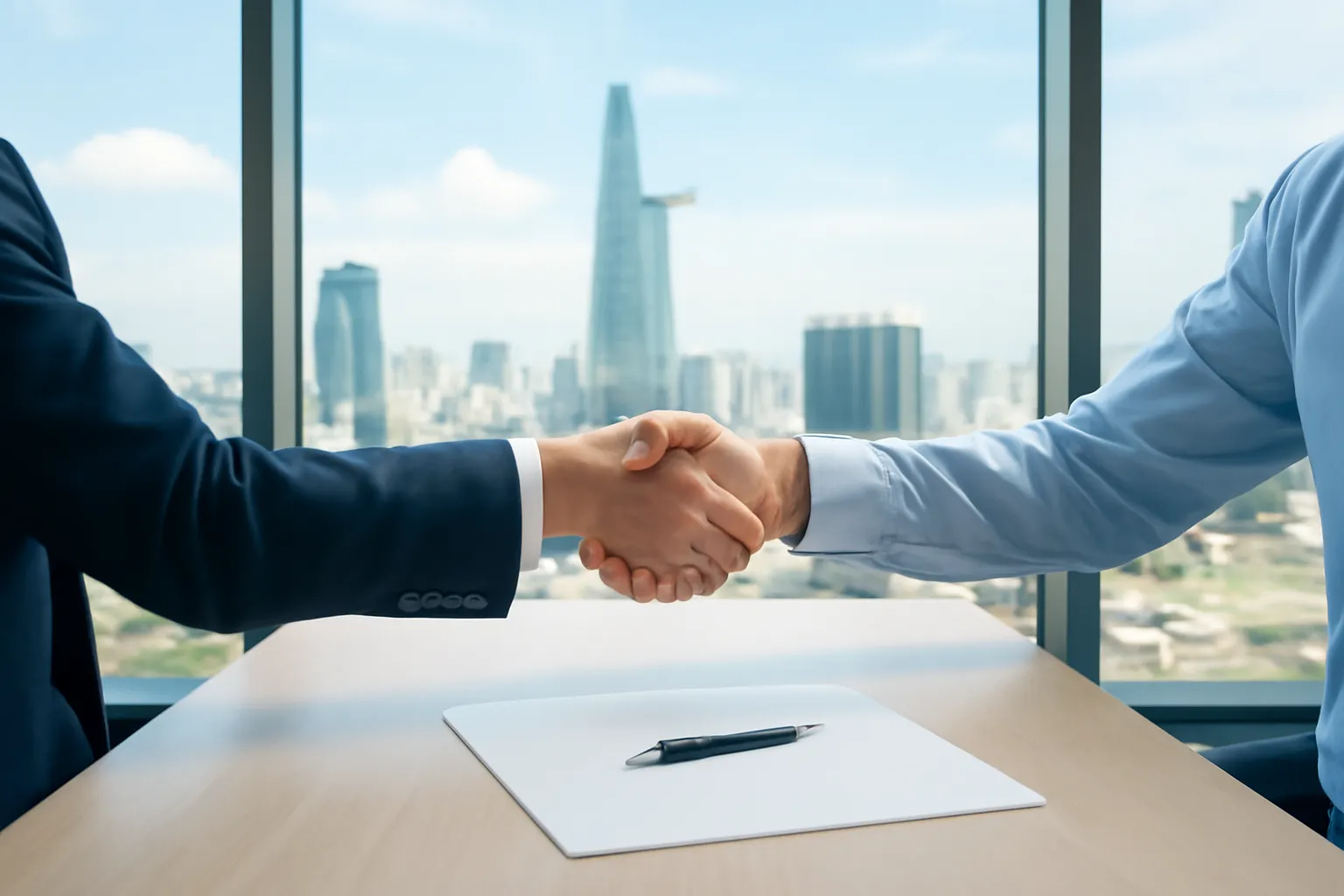 Hai nhóm bắt tay qua bàn họp cạnh cửa sổ kính tầng cao, chỉ thấy tay và vai