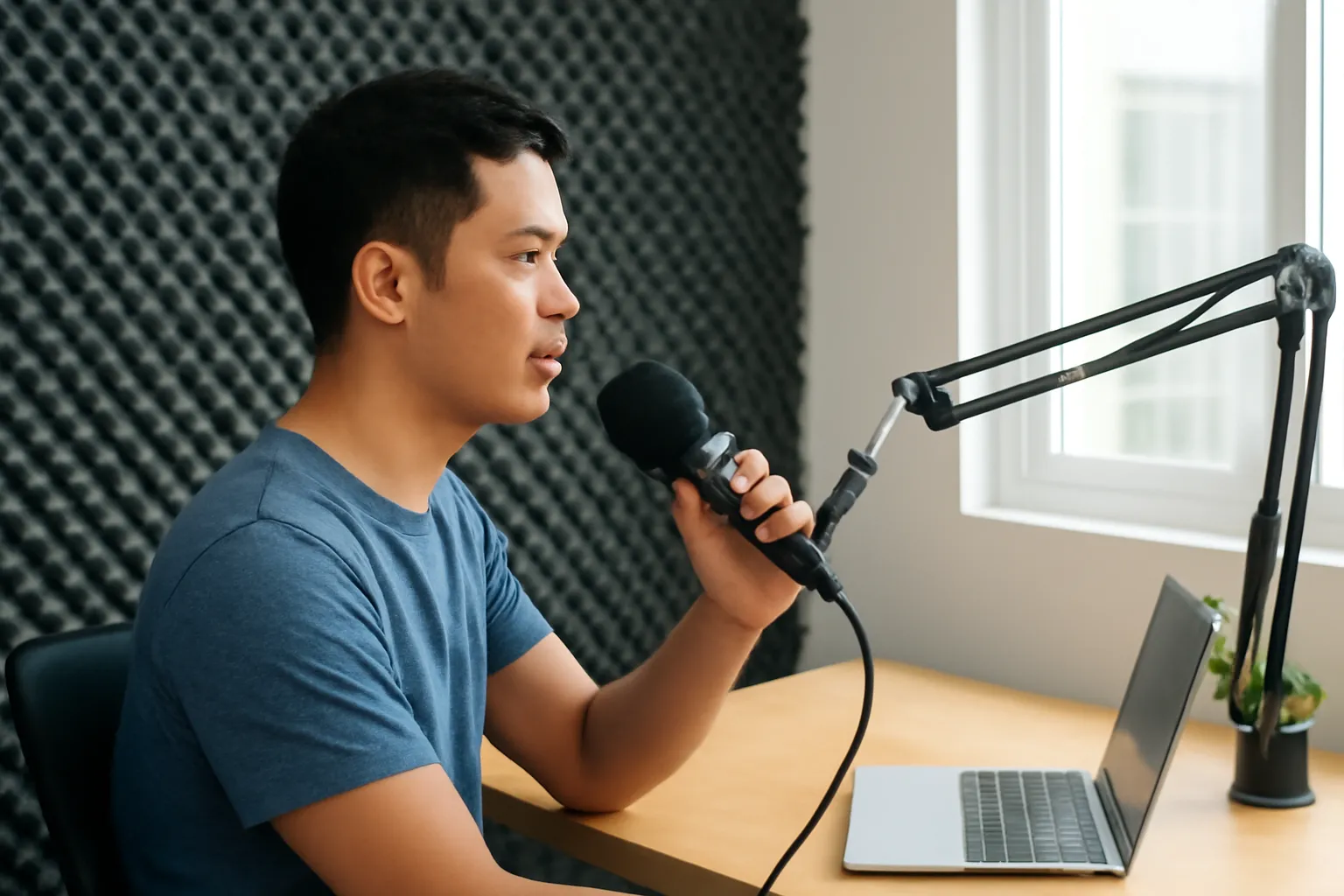 Content creator holding a microphone in a small home studio with foam panels, side view from a distance
