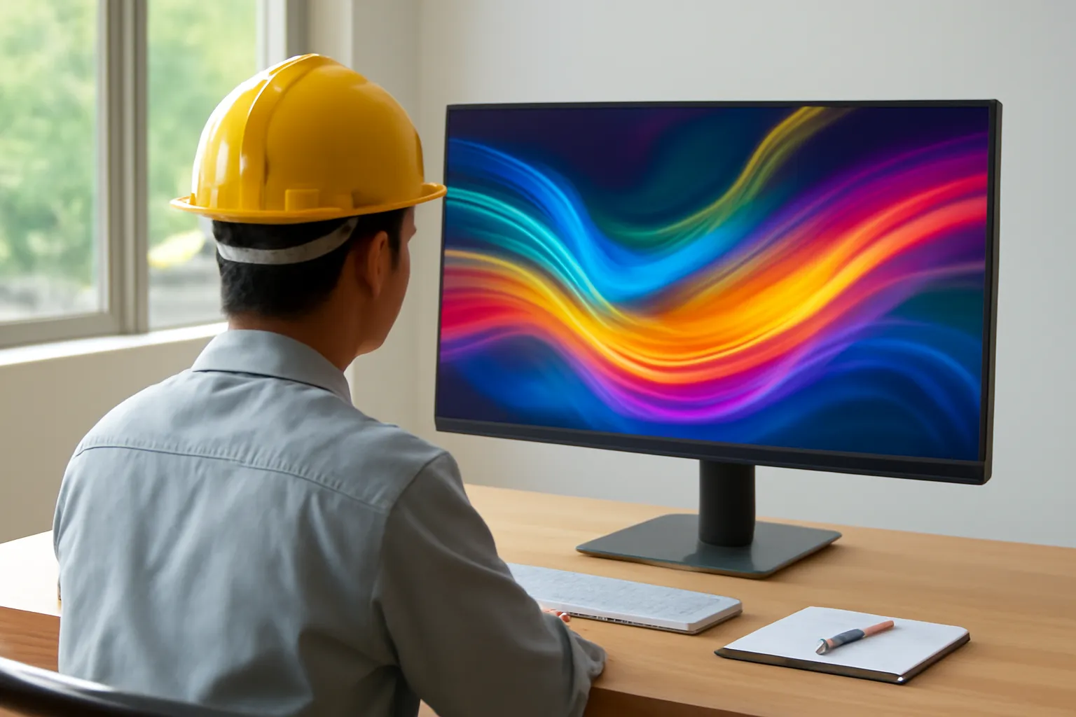 Young engineer seen from behind at a desk, watching colourful abstract light streams on a large monitor