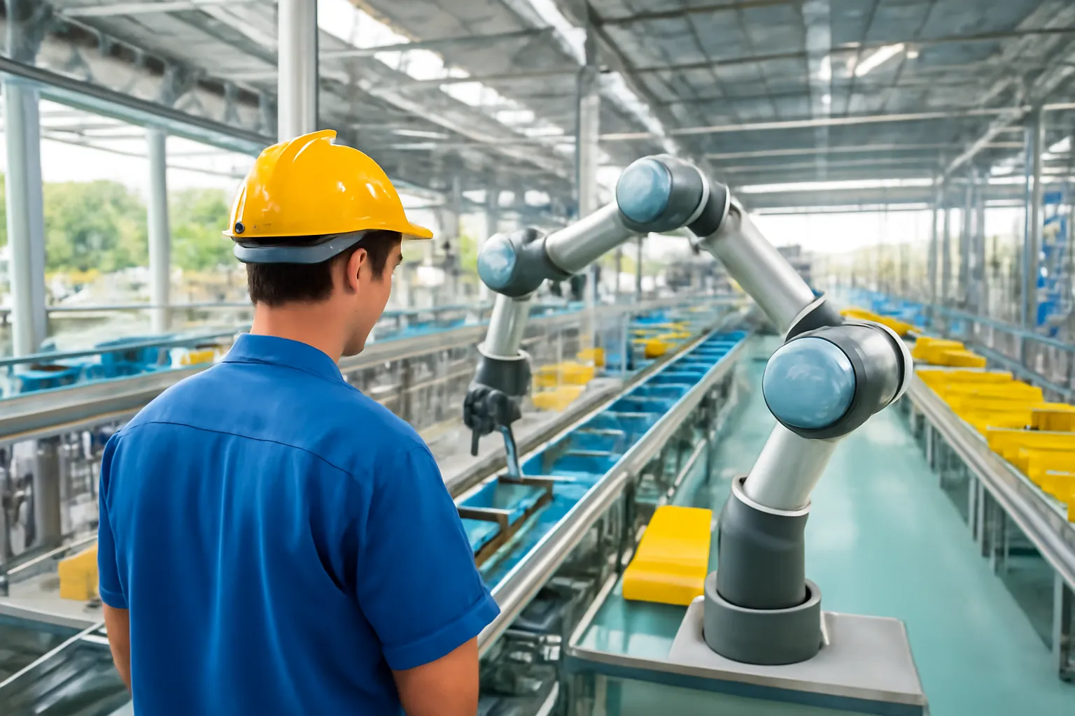 Collaborative robot arm working beside a factory worker on a bright assembly line