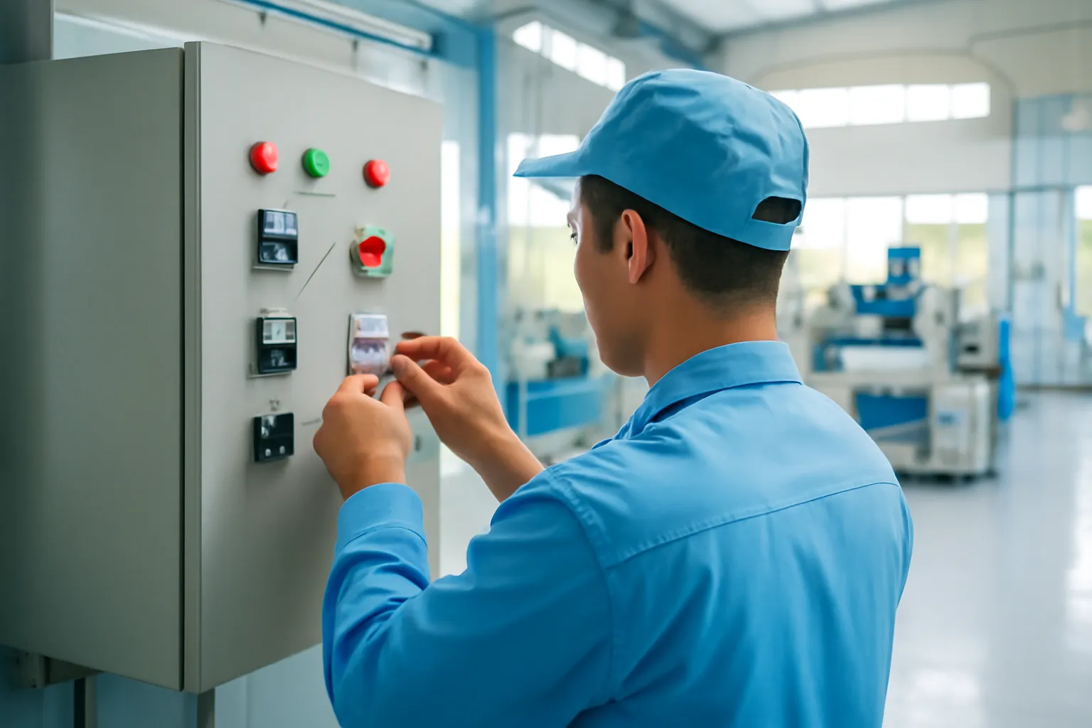 A technician seen from behind clipping a small sensor onto a machine cabinet in a bright workshop