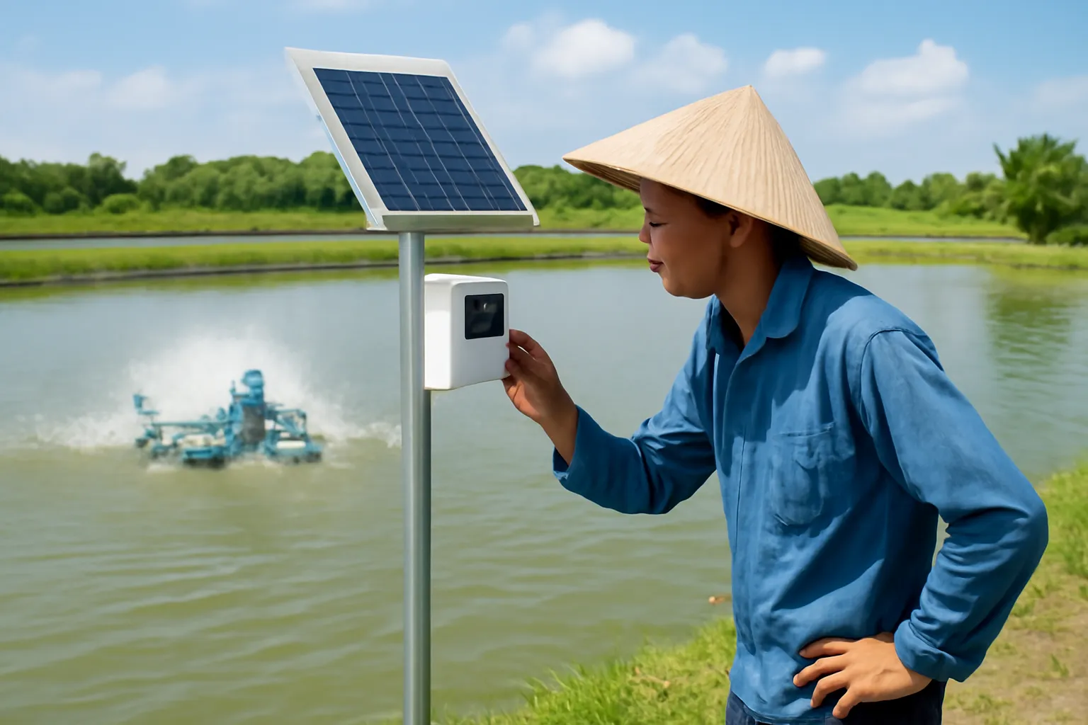 A farmer in a conical hat checking a solar-powered sensor pole beside a shrimp pond