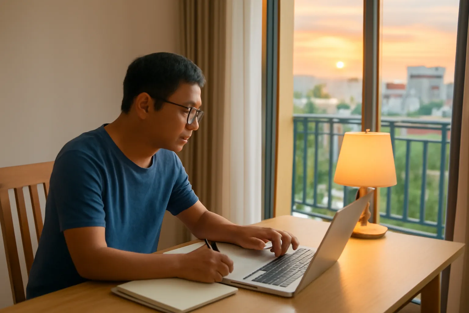 A middle-aged man studying in the evening at a dining table under warm yellow light