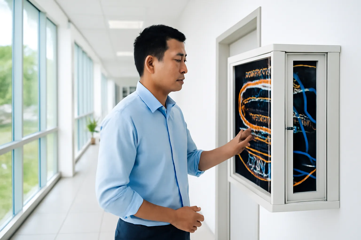 IT technician standing beside a small network cabinet in a bright office corridor