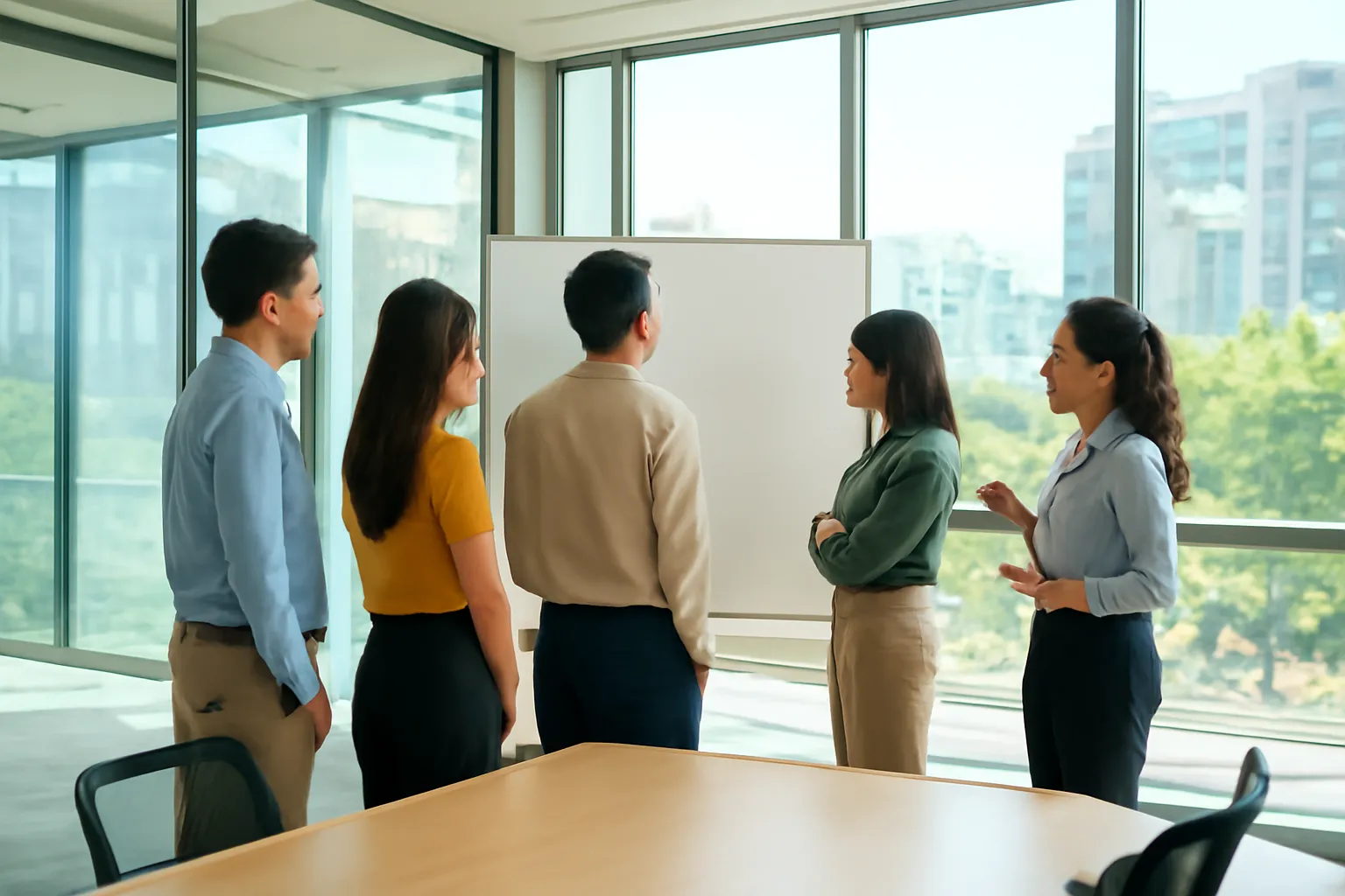 Team of five office staff standing around a blank whiteboard in a glass-walled meeting room
