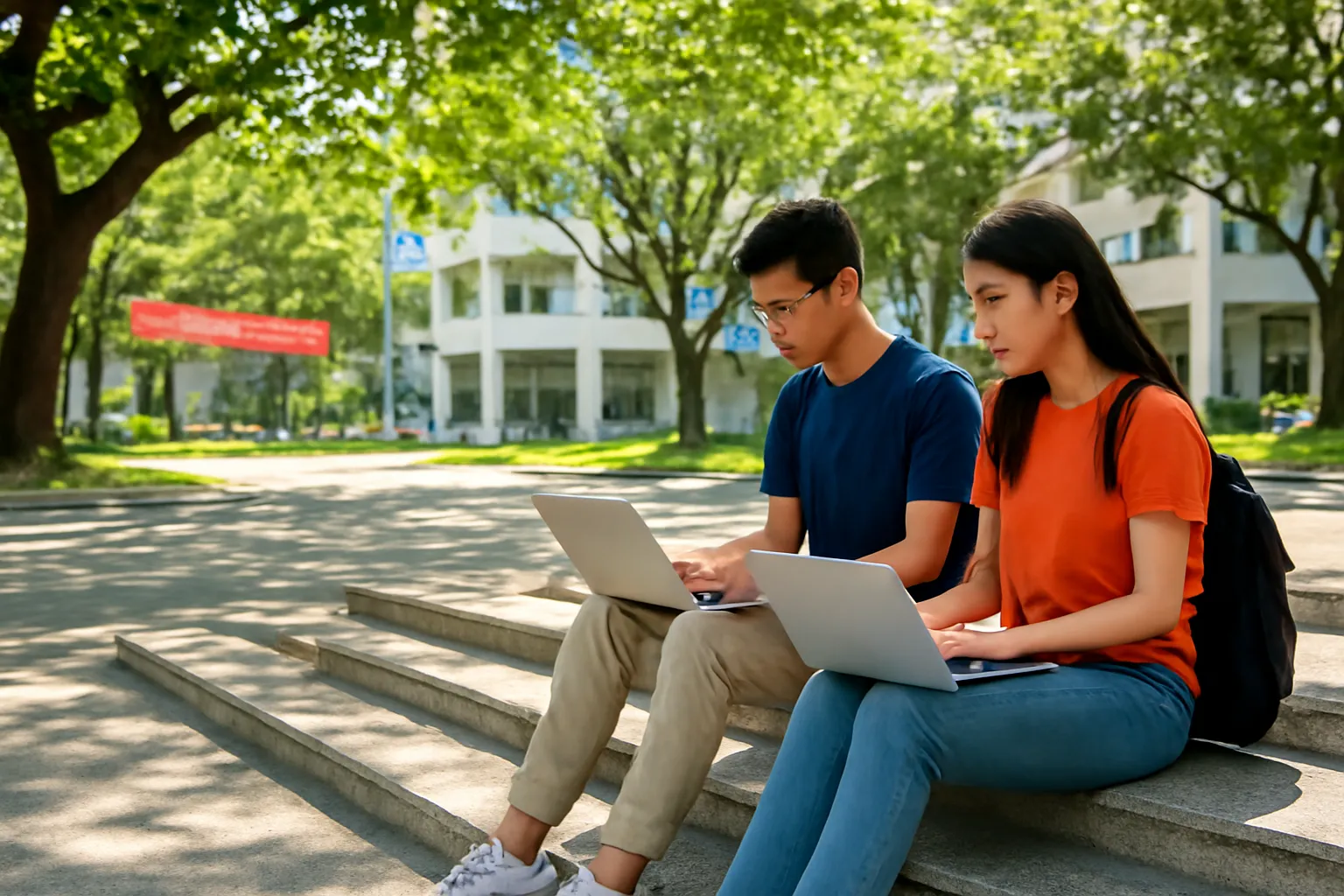 Two young programmers sitting on university campus steps in dappled shade
