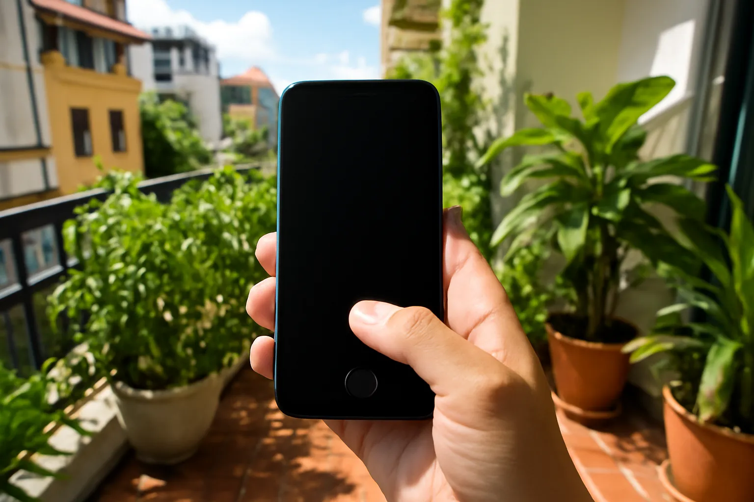 Hand holding a smartphone with a thumb on the fingerprint area on a sunny apartment balcony