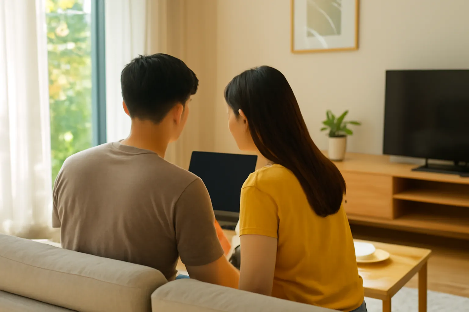 Couple sitting on a living room sofa looking at one laptop together