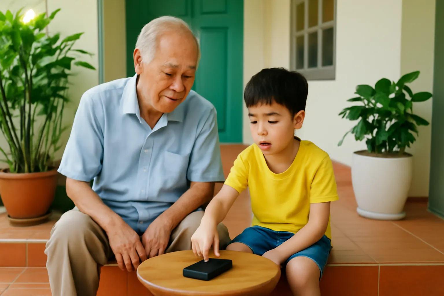 Elderly man and his grandson on a tiled porch, the boy pointing at a phone lying face down