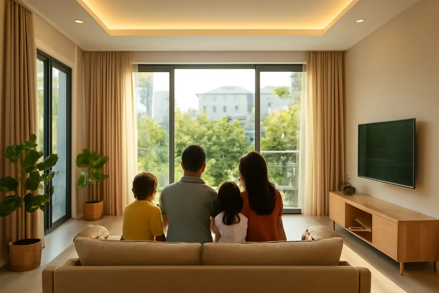 A family seen from behind in a bright townhouse living room as curtains open and lights glow