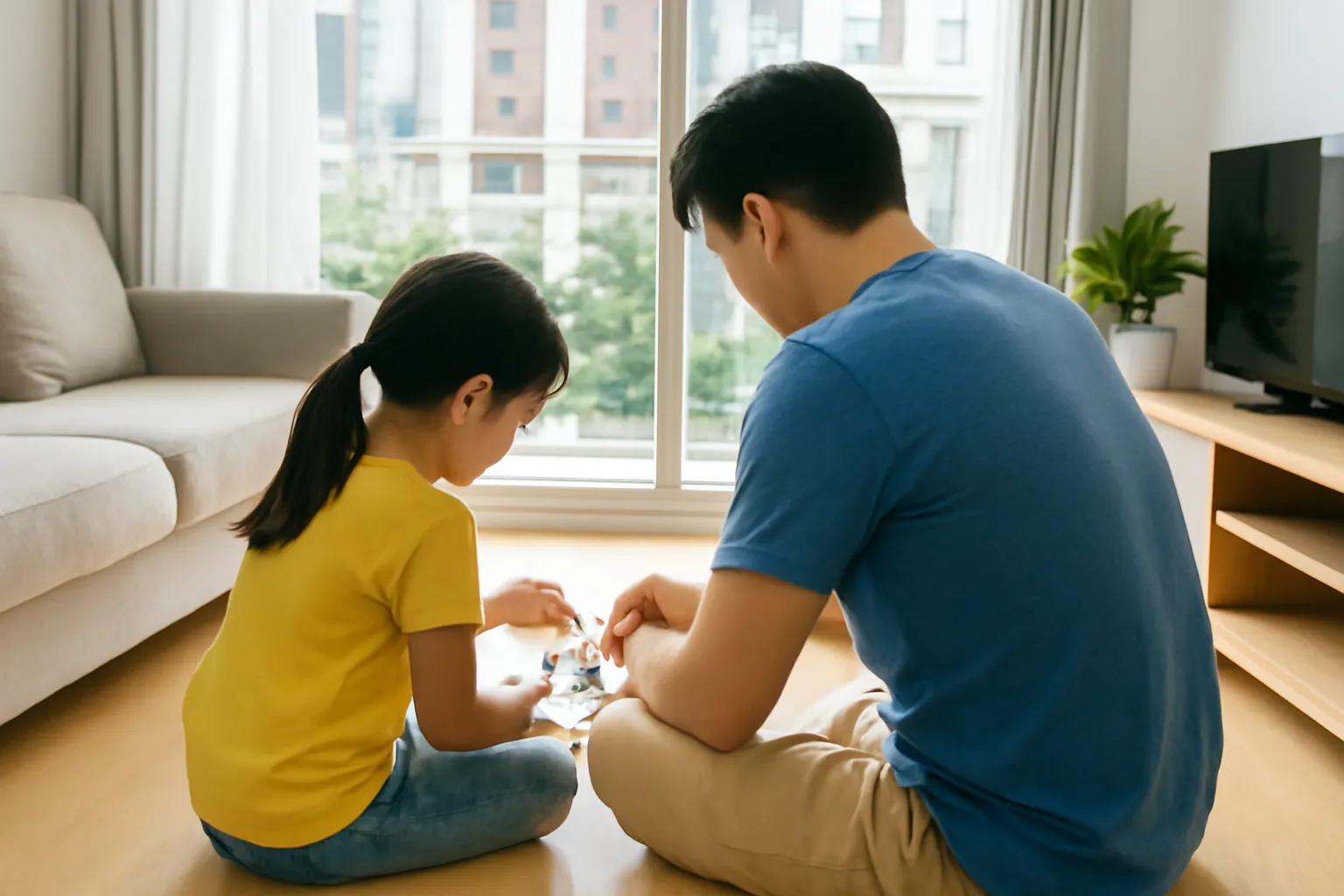 A father and daughter building a toy electric circuit on the living room floor, seen from behind