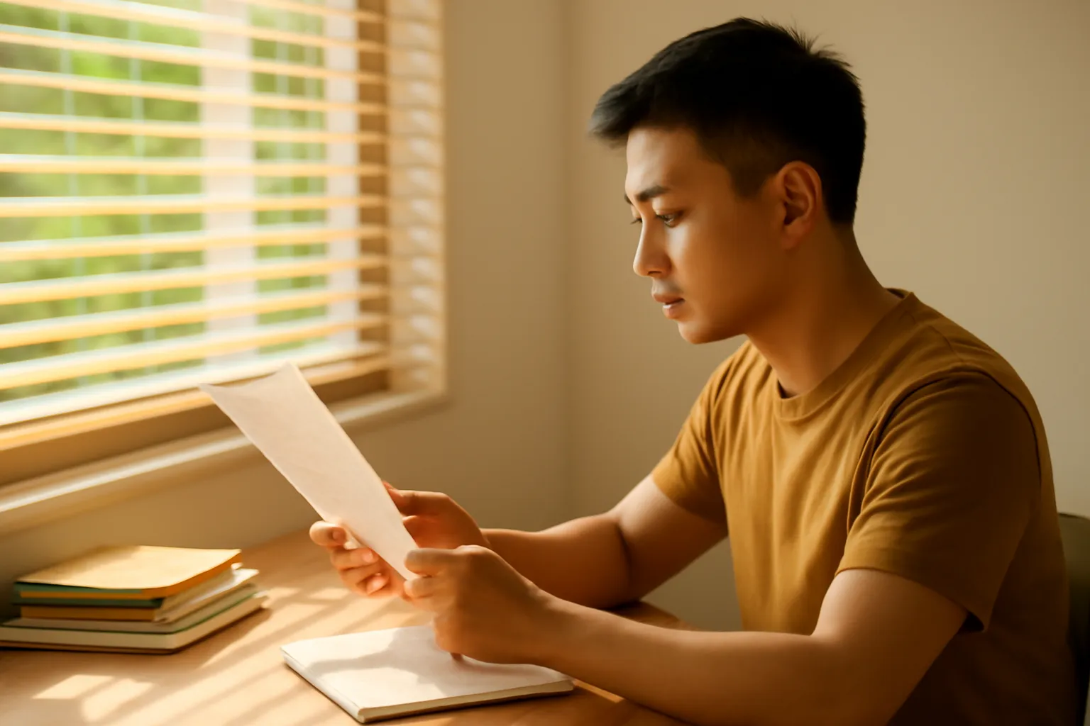 Person reading a printed letter at a desk, side view, warm afternoon sun through window blinds