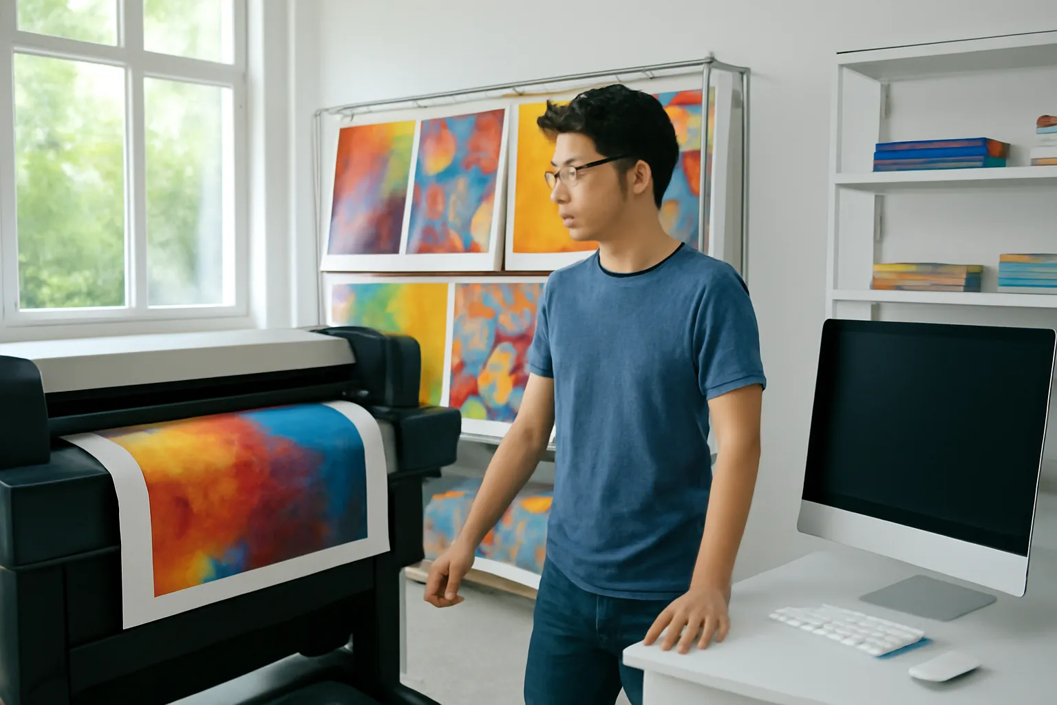Print shop owner standing between a large format printer and a desktop computer
