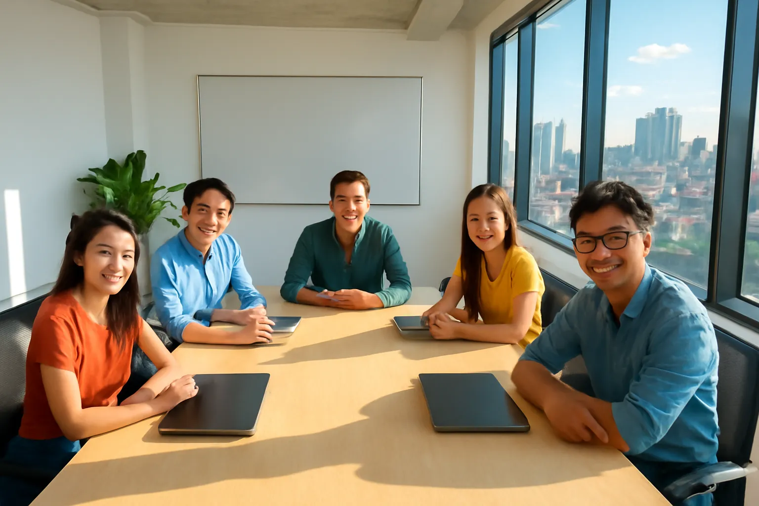 Five colleagues around a long table in a bright office with a blank whiteboard