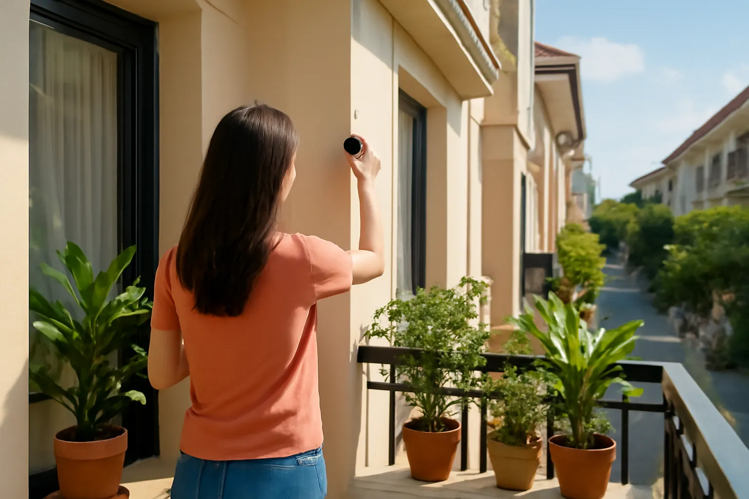 A woman seen from behind adjusting a small white security camera on a townhouse balcony