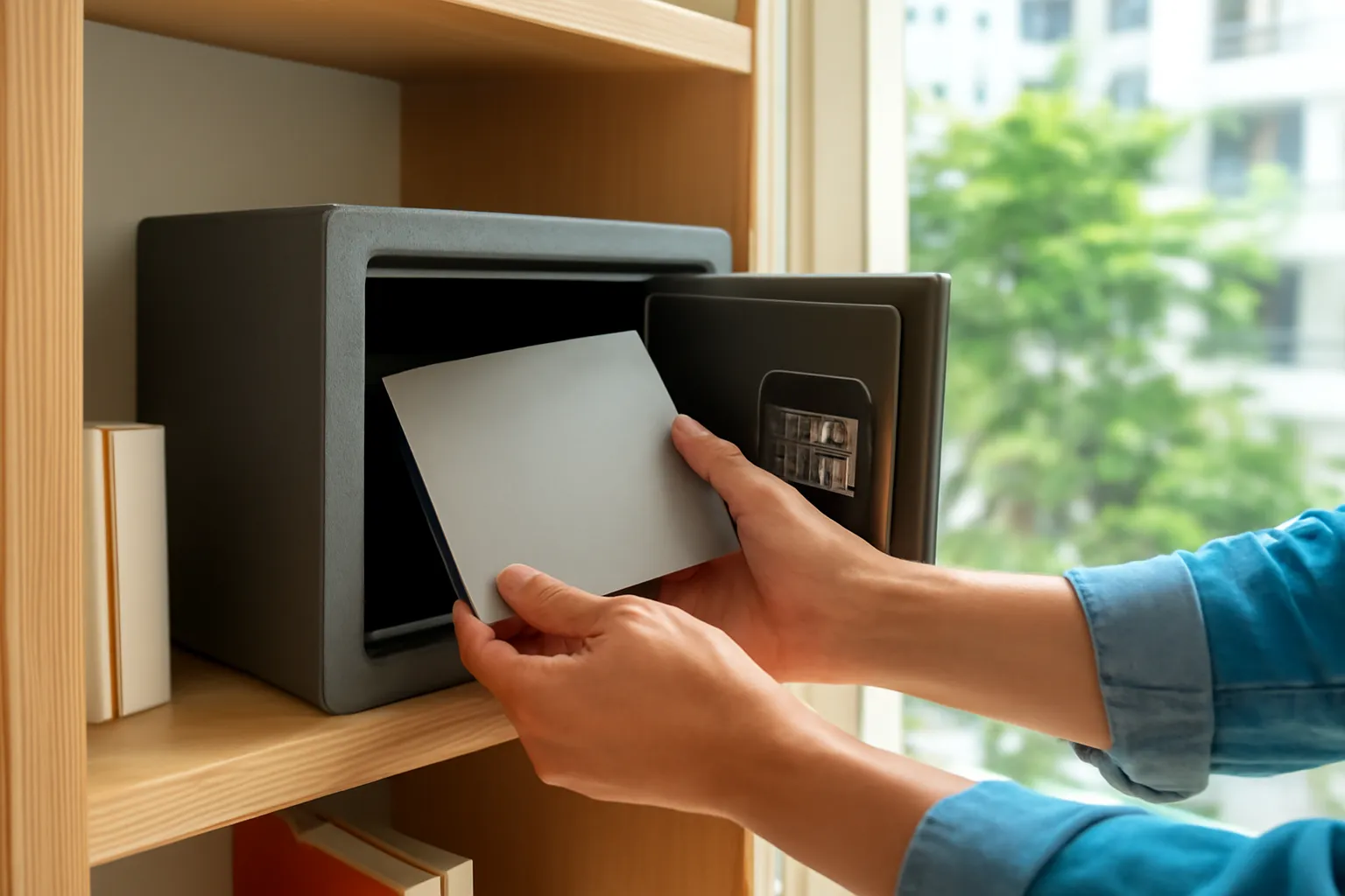 Hands placing a plain steel backup plate into a small home safe in a bright apartment