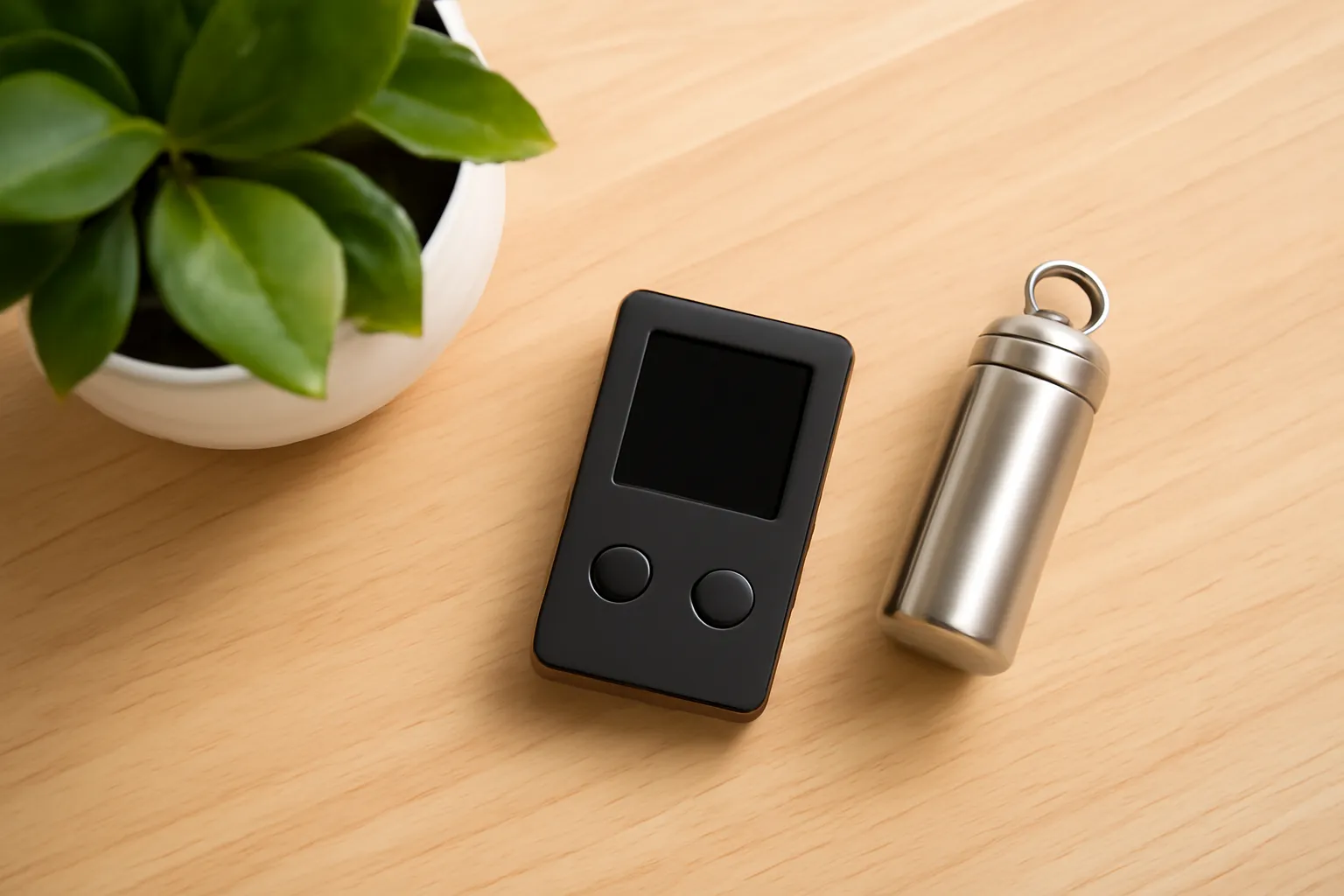A hardware wallet and a sealed steel backup capsule on a wooden desk beside a potted plant