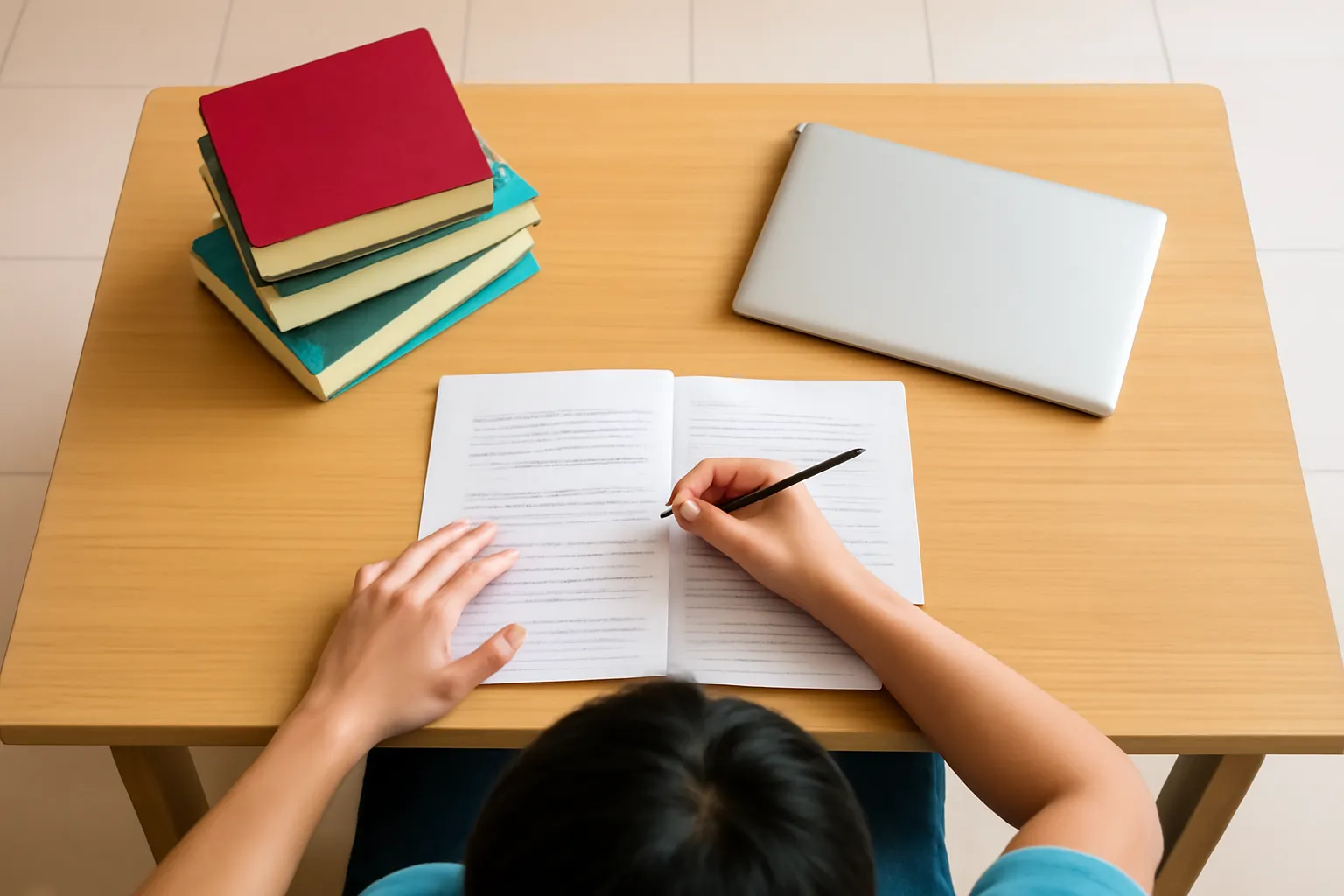 A student at a library table with a stack of books and a closed laptop, shot from above