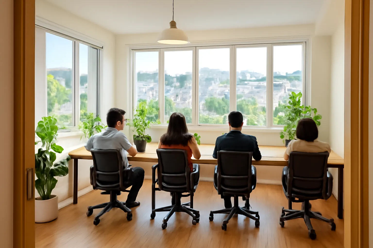 Small open-plan office in Da Lat with four wooden desks, green plants and large windows