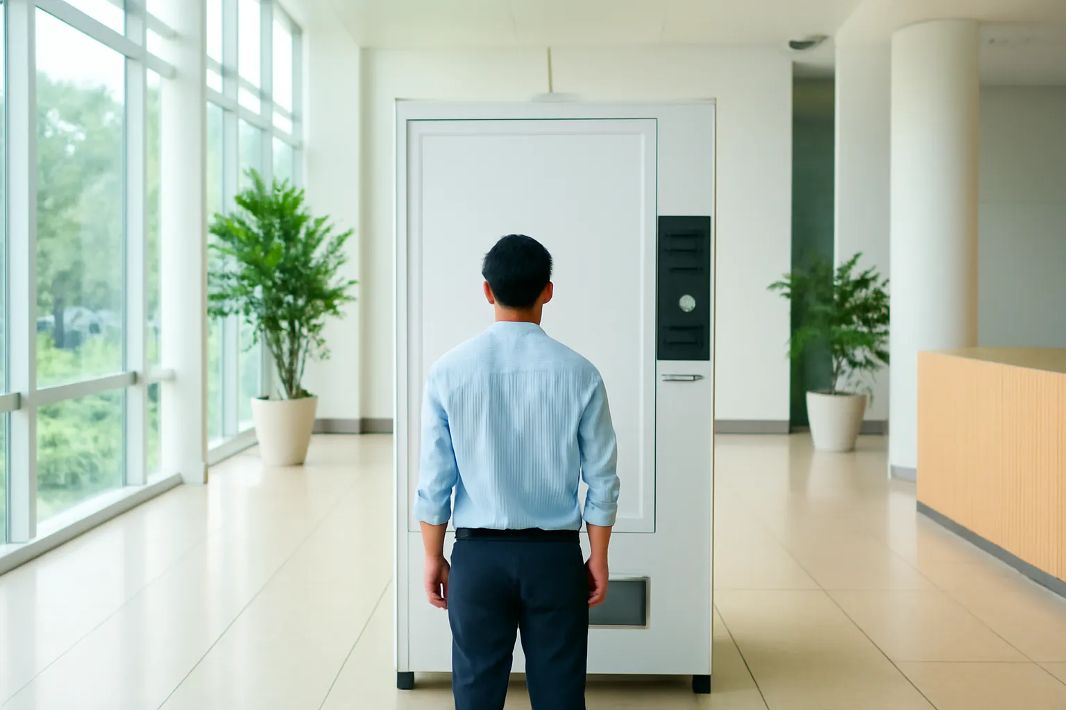 A young office worker seen from behind at a plain white vending machine in a bright office lobby