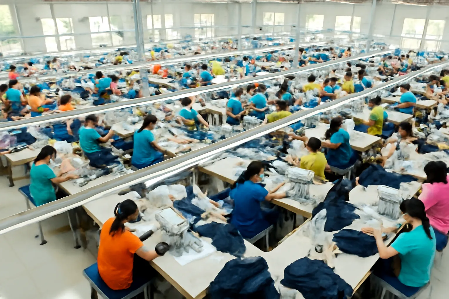 Overhead view of a bright garment factory with rows of sewing machines fitted with small sensor boxes