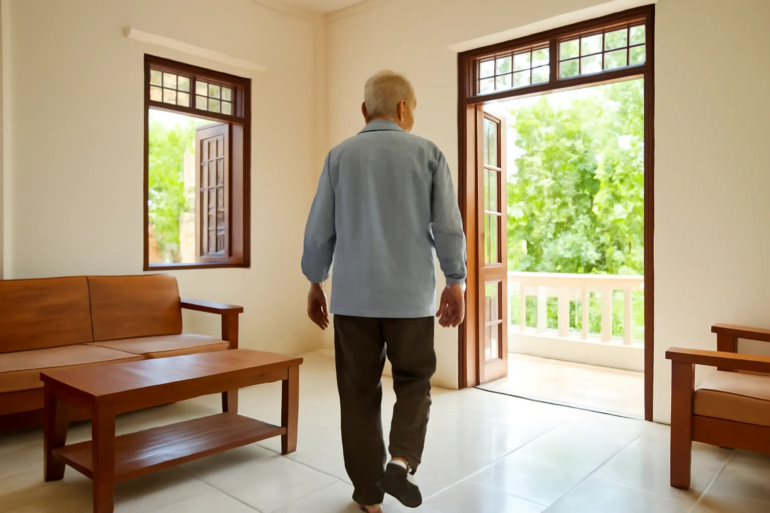 An elderly man seen from behind walking through a bright tiled living room, a small sensor in the corner